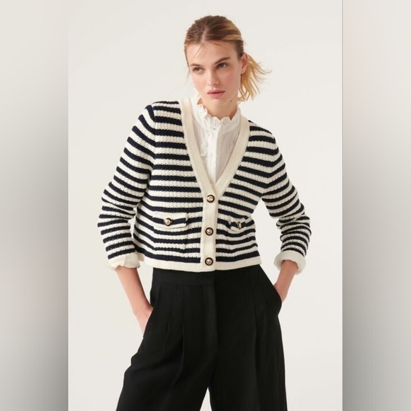 ba&sh Sweaters - ba&sh Gamden Stripe Cropped Cardigan Size 4/L Navy And White 75% Cotton